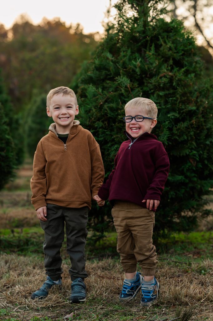 Brothers laughing in a row of trees during a Christmas tree farm mini session in Portland, Tennessee