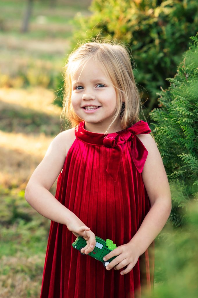 Little girl in a red velvet dress with a bow, holding a green toy truck with a tree